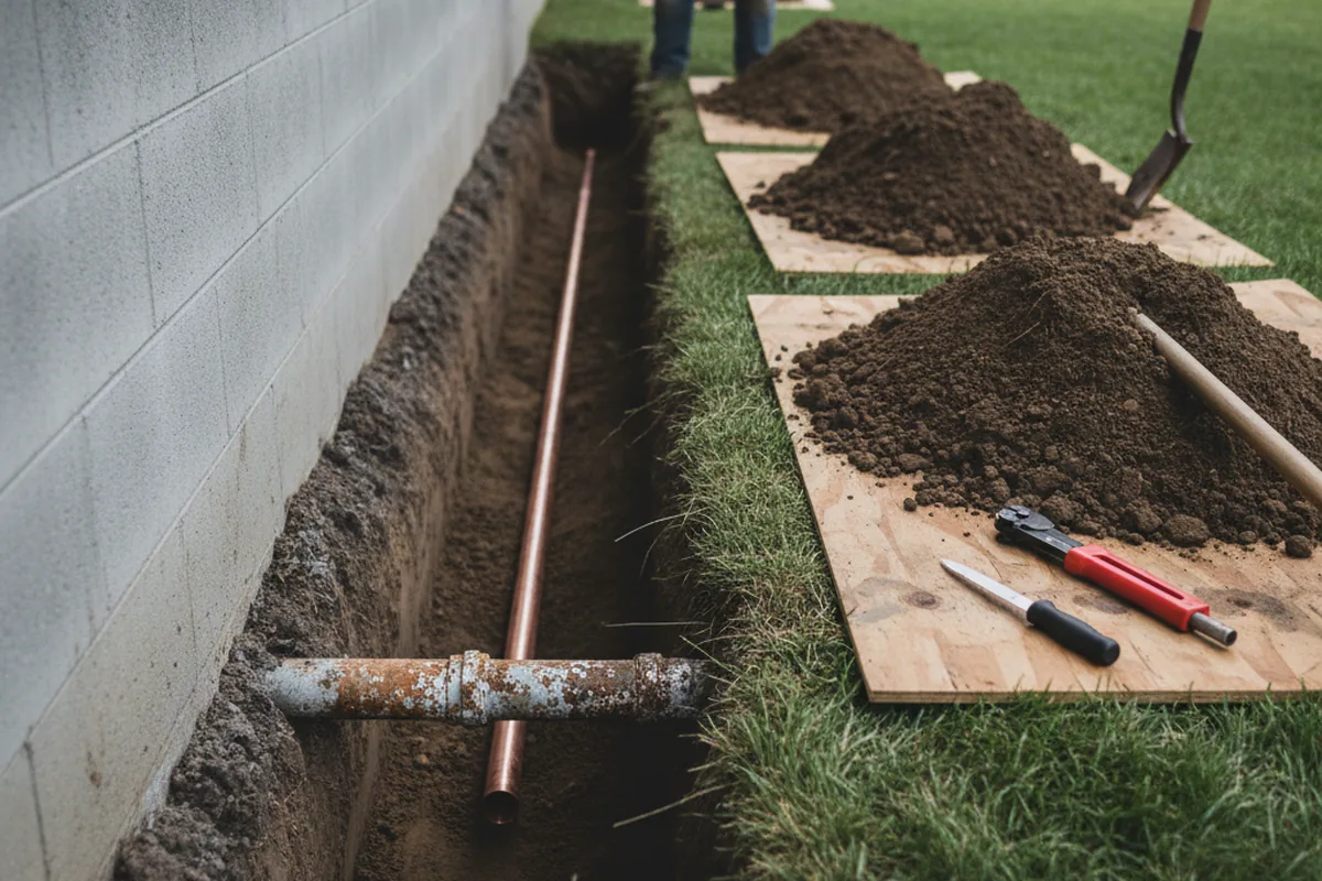 Excavated water line trench during Sewer Line Repair in Equality